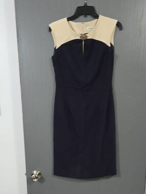 Calvin Klein Navy and Cream Midi Sheath Dress with Decorative Button